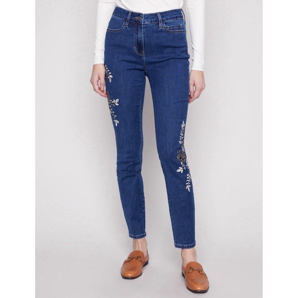 Charlie B Beaded Embroidered Floral Stretch Jeans Jeggings Dark Blue Size 6